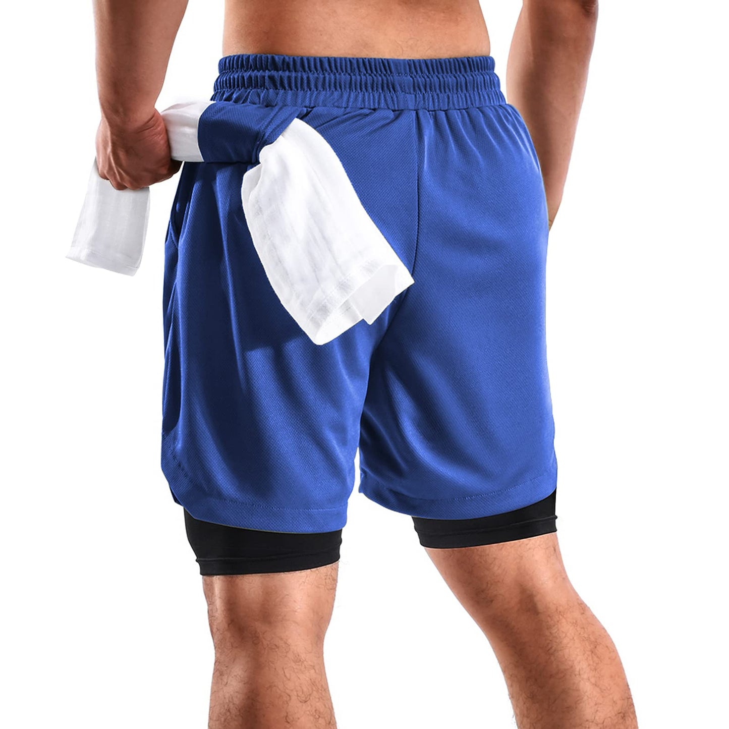 FIONECA 2 in 1 Mens Shorts Casual 2 Pack, Running Gym Shorts for Men 7 Inch, Workout Shorts Men with Pockets &Towel Loop -(Black&Blue,M)