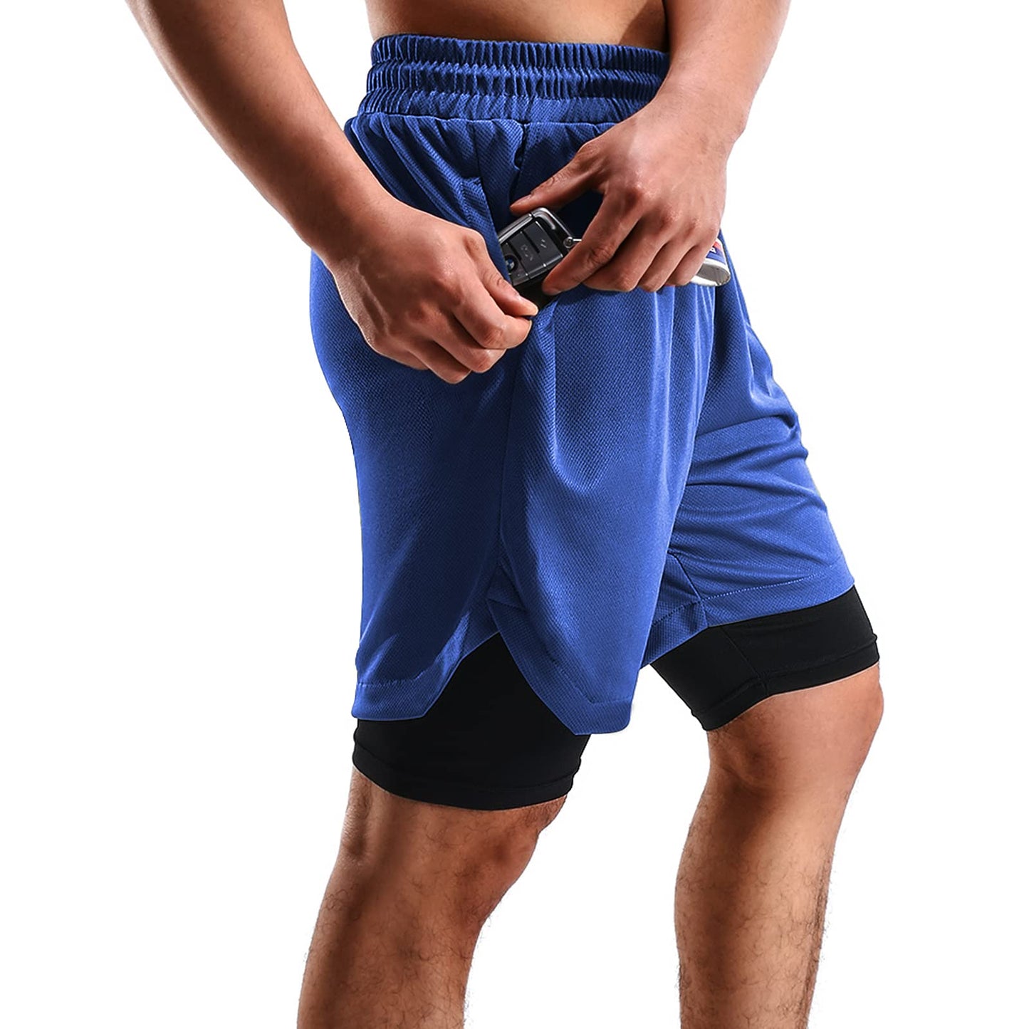 FIONECA 2 in 1 Mens Shorts Casual 2 Pack, Running Gym Shorts for Men 7 Inch, Workout Shorts Men with Pockets &Towel Loop -(Black&Blue,M)