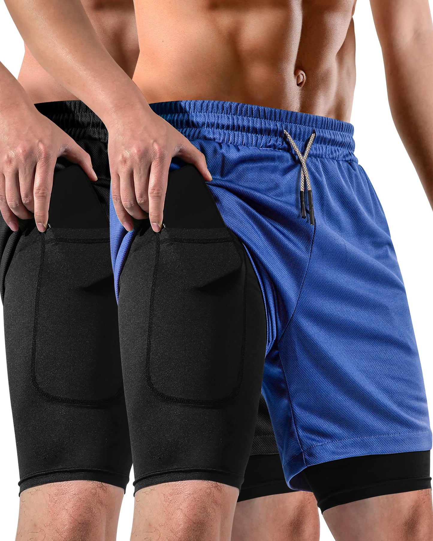 FIONECA 2 in 1 Mens Shorts Casual 2 Pack, Running Gym Shorts for Men 7 Inch, Workout Shorts Men with Pockets &Towel Loop -(Black&Blue,M)