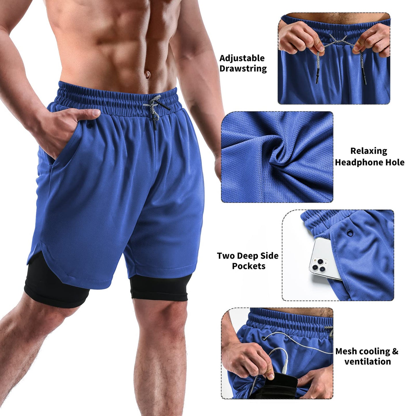 FIONECA 2 in 1 Mens Shorts Casual 2 Pack, Running Gym Shorts for Men 7 Inch, Workout Shorts Men with Pockets &Towel Loop -(Black&Blue,M)