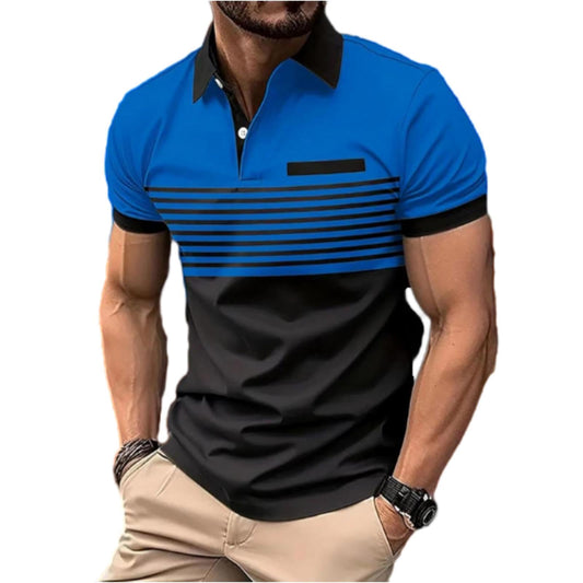 Men's Casual Polo Shirts Short Sleeve Fashion Golf Shirt Classic Striped Slim Fit T-Shirts Blue