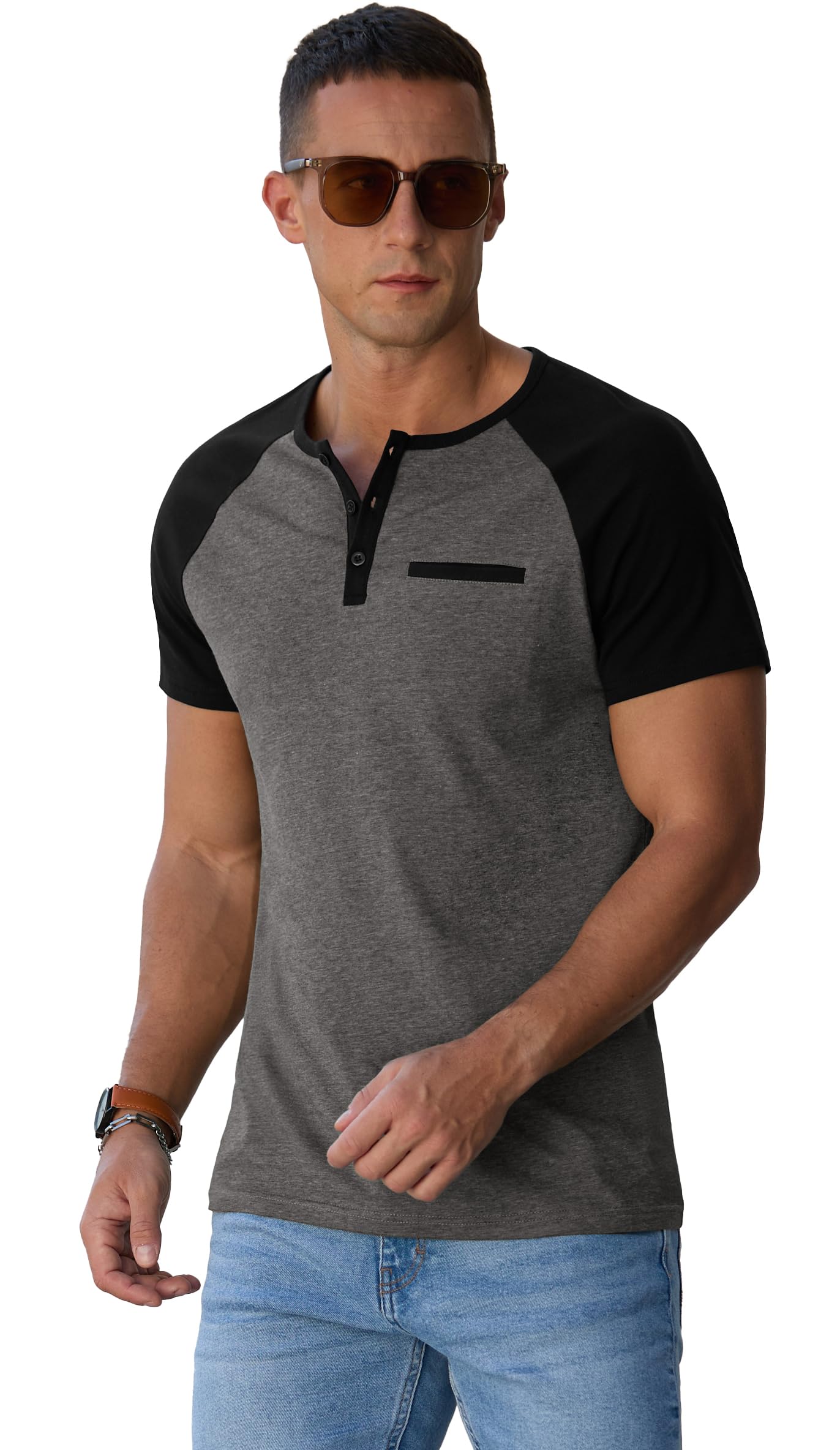 Sailwind Mens Cotton Henley Shirts Short Sleeve Casual T-Shirts Summer Button Big and Tall T Shirts with Pocket Dark Gray Black