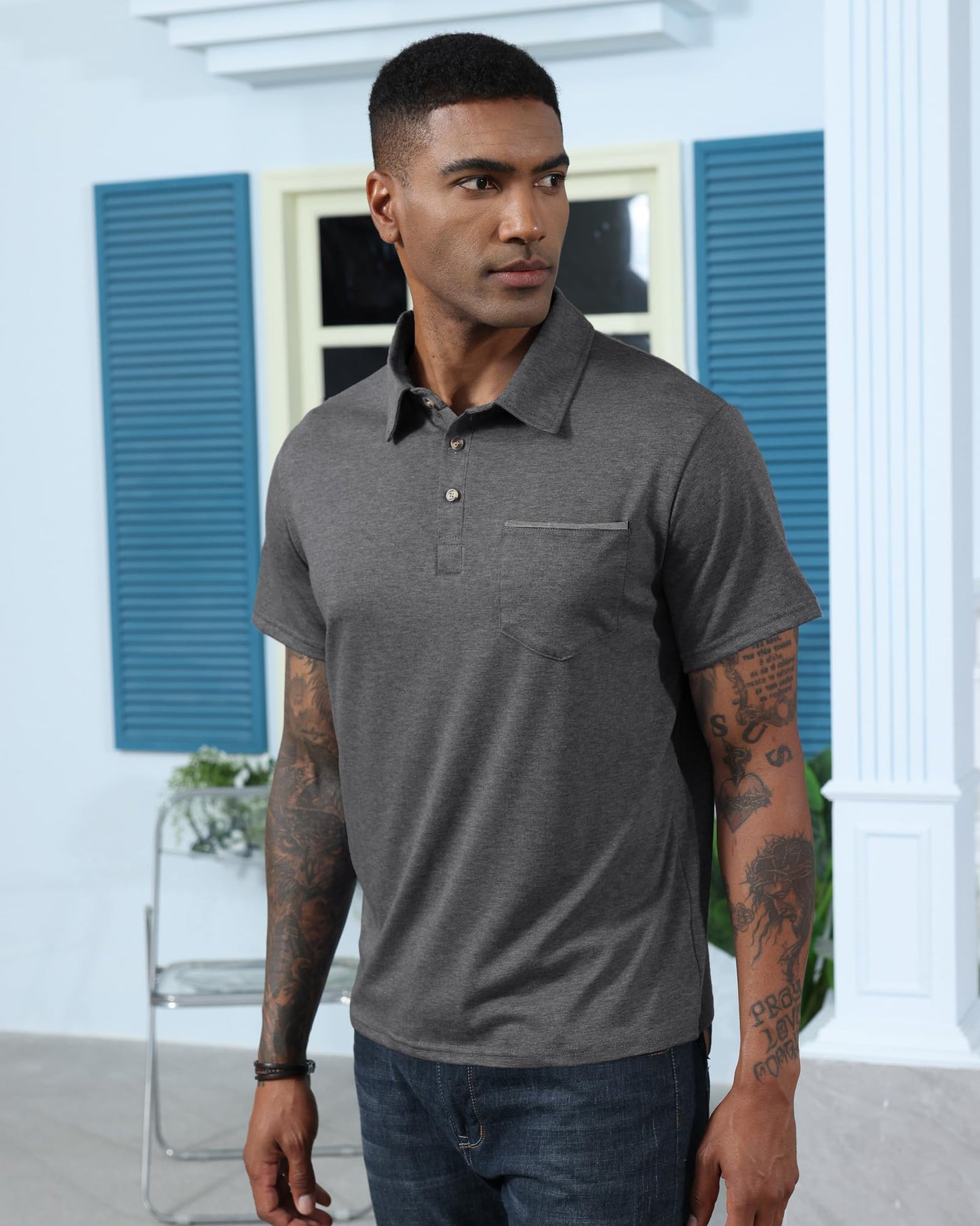 Mens Fashion Polo Shirts Cotton Classic Short Sleeve Lightweight Button Shirt with Pocket