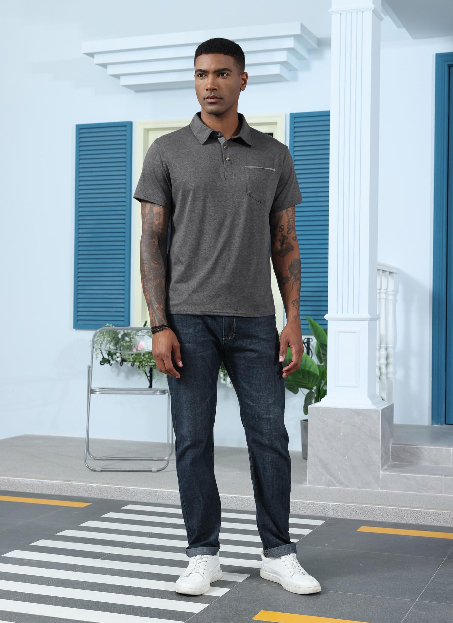 Mens Fashion Polo Shirts Cotton Classic Short Sleeve Lightweight Button Shirt with Pocket