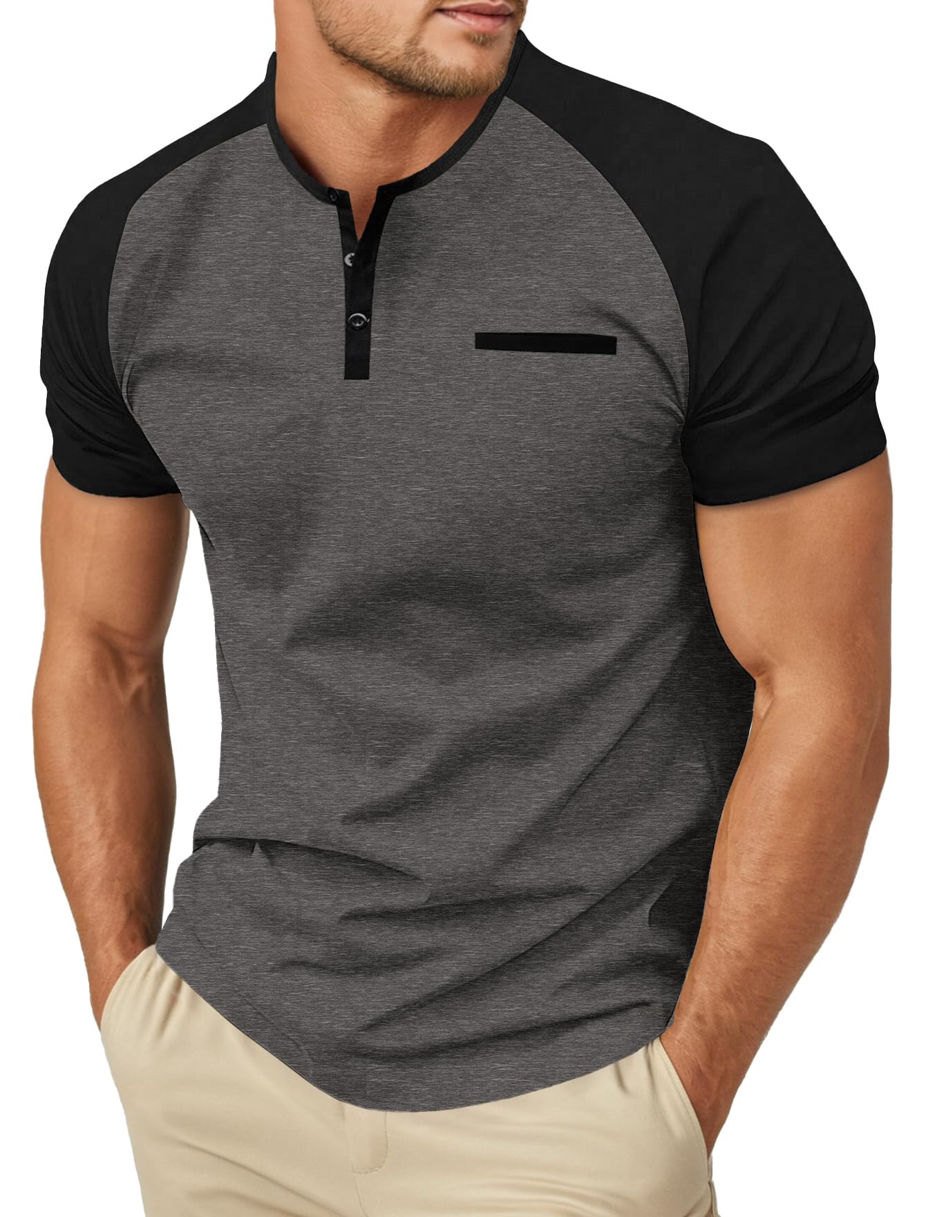 Sailwind Mens Cotton Henley Shirts Short Sleeve Casual T-Shirts Summer Button Big and Tall T Shirts with Pocket Dark Gray Black