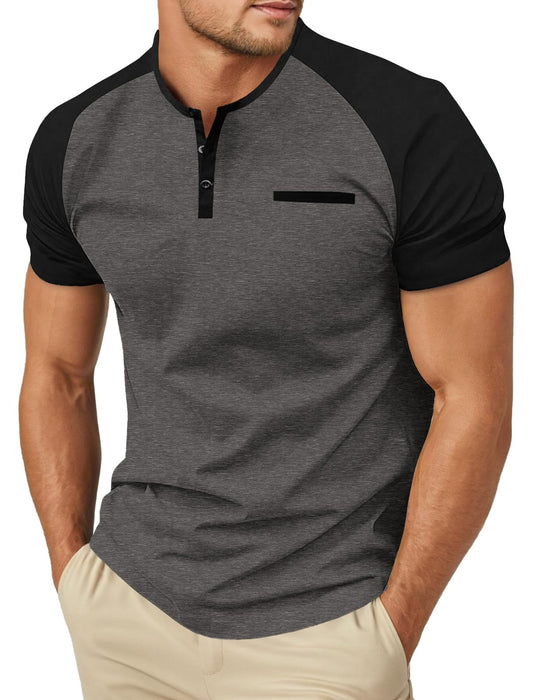 Sailwind Mens Cotton Henley Shirts Short Sleeve Casual T-Shirts Summer Button Big and Tall T Shirts with Pocket Dark Gray Black
