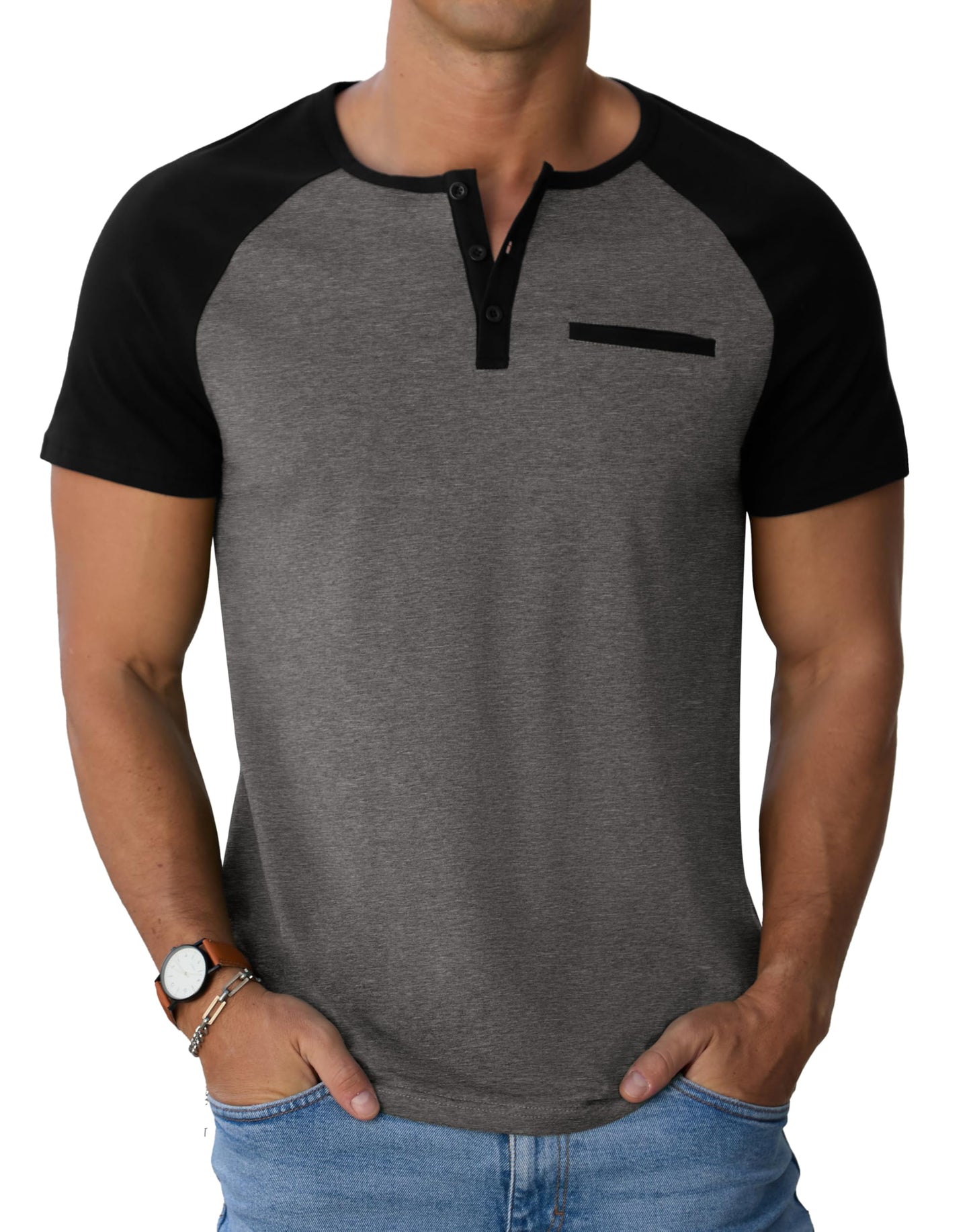 Sailwind Mens Cotton Henley Shirts Short Sleeve Casual T-Shirts Summer Button Big and Tall T Shirts with Pocket Dark Gray Black