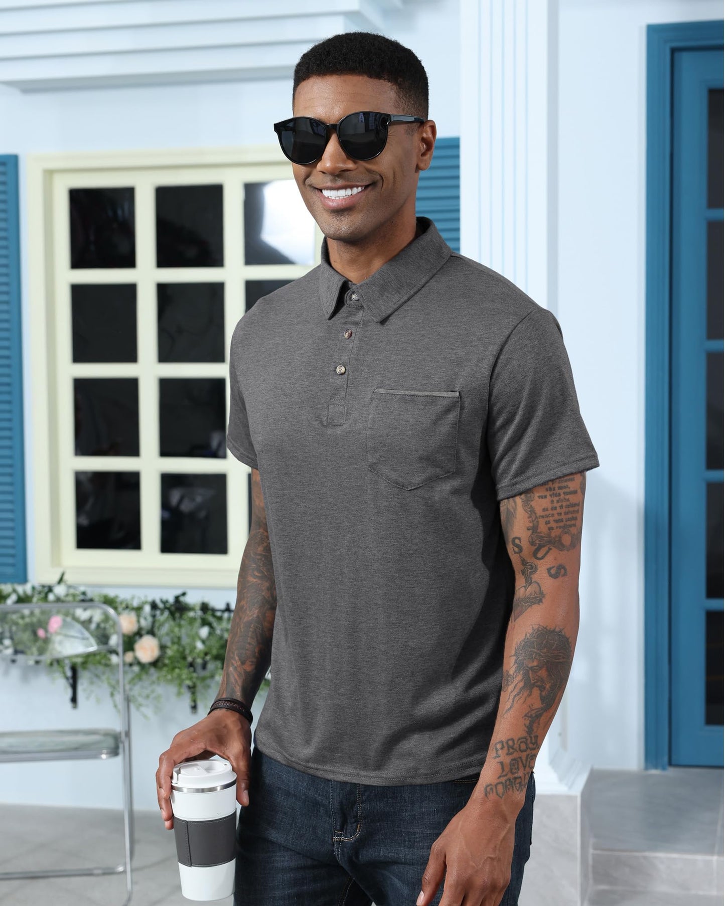 Mens Fashion Polo Shirts Cotton Classic Short Sleeve Lightweight Button Shirt with Pocket
