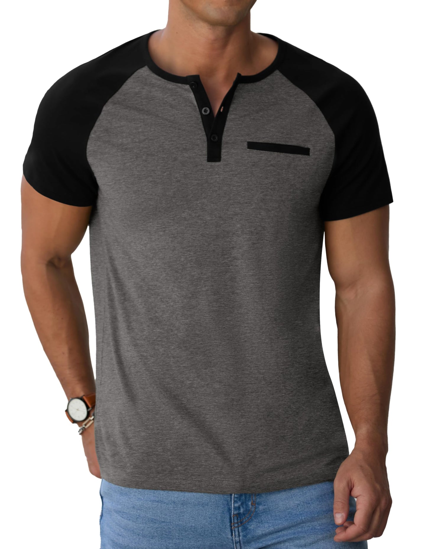 Sailwind Mens Cotton Henley Shirts Short Sleeve Casual T-Shirts Summer Button Big and Tall T Shirts with Pocket Dark Gray Black
