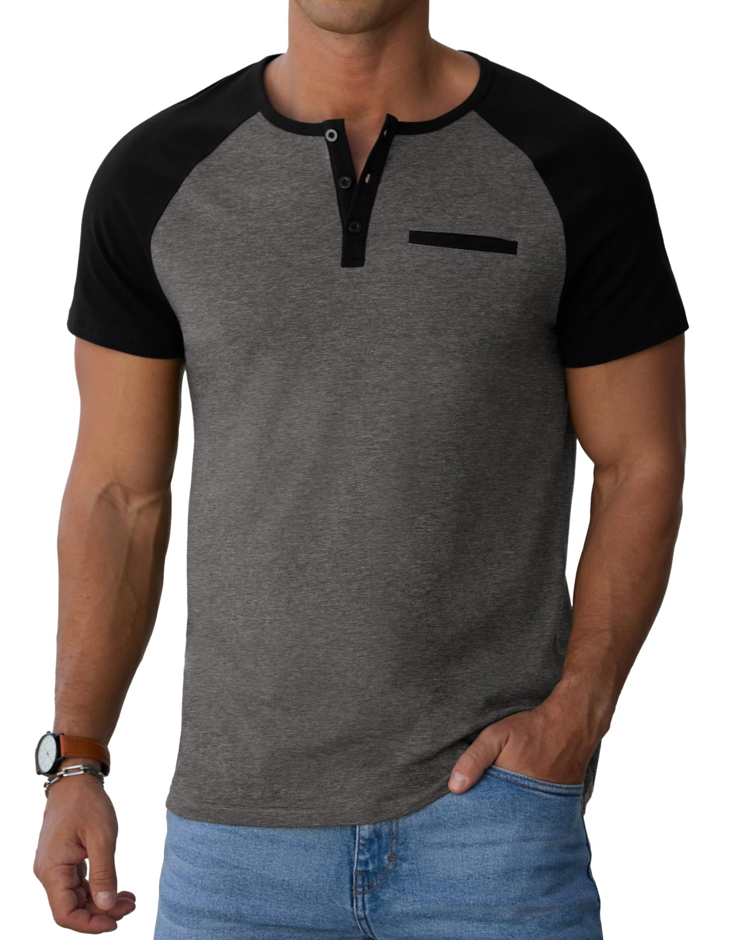 Sailwind Mens Cotton Henley Shirts Short Sleeve Casual T-Shirts Summer Button Big and Tall T Shirts with Pocket Dark Gray Black
