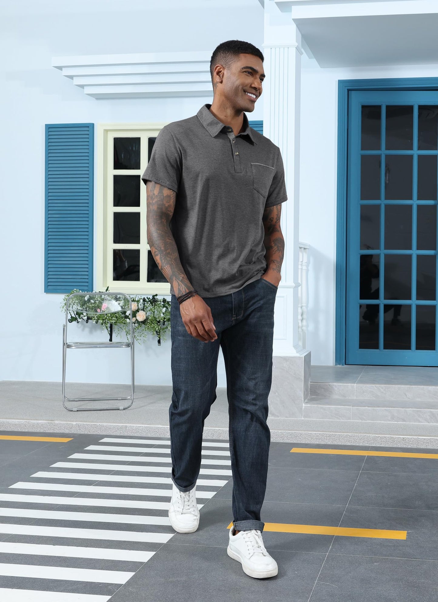 Mens Fashion Polo Shirts Cotton Classic Short Sleeve Lightweight Button Shirt with Pocket